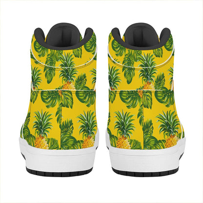 Yellow Tropical Pineapple Pattern Print High Top Leather Sneakers