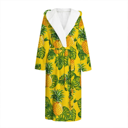 Yellow Tropical Pineapple Pattern Print Hooded Bathrobe