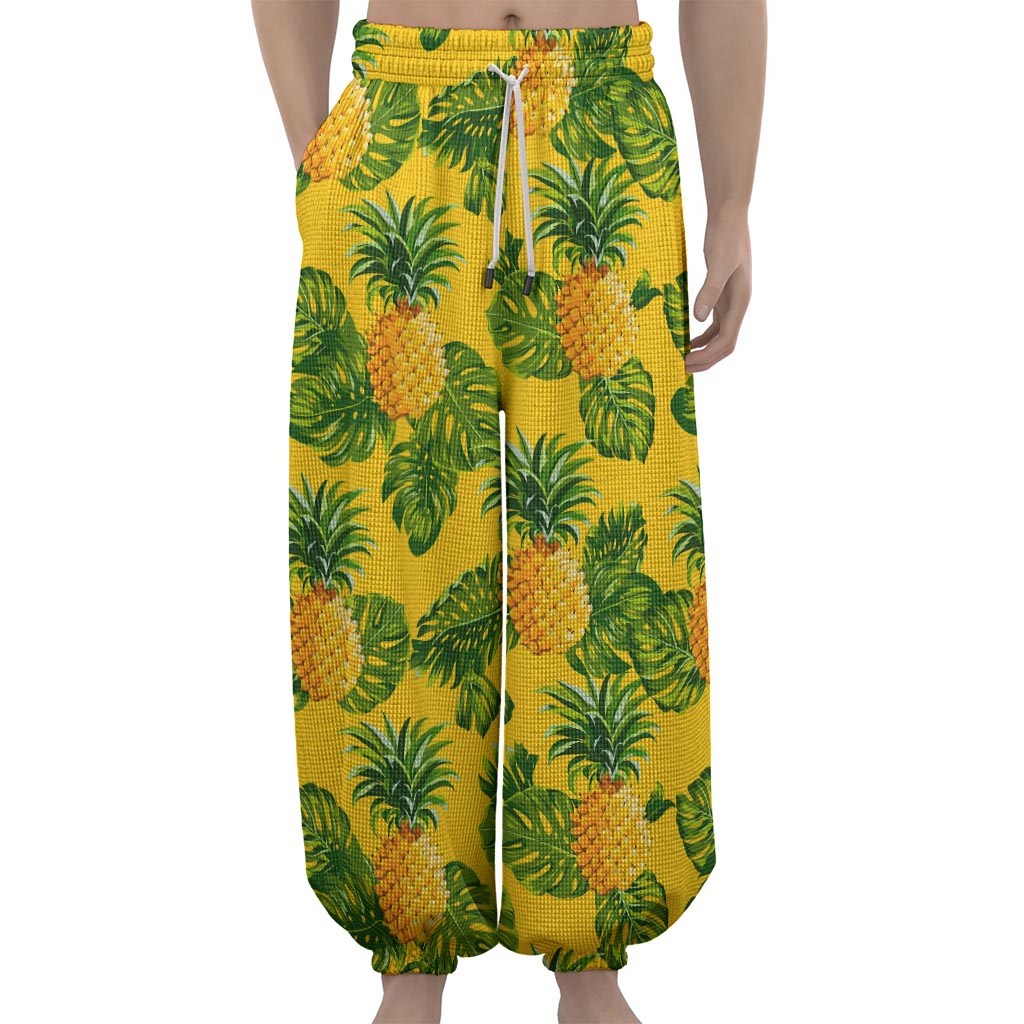 Yellow Tropical Pineapple Pattern Print Lantern Pants