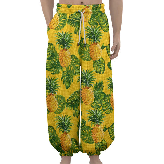 Yellow Tropical Pineapple Pattern Print Lantern Pants