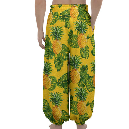 Yellow Tropical Pineapple Pattern Print Lantern Pants