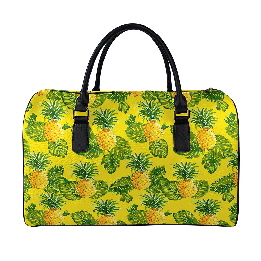 Yellow Tropical Pineapple Pattern Print Leather Duffle Bag