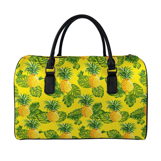 Yellow Tropical Pineapple Pattern Print Leather Duffle Bag