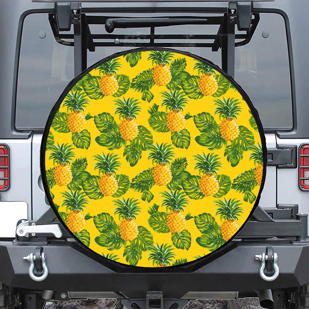 Yellow Tropical Pineapple Pattern Print Leather Spare Tire Cover