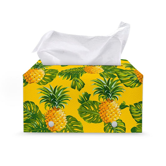 Yellow Tropical Pineapple Pattern Print Leather Tissue Box Cover