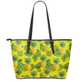 Yellow Tropical Pineapple Pattern Print Leather Tote Bag With Zipper