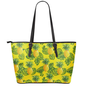 Yellow Tropical Pineapple Pattern Print Leather Tote Bag