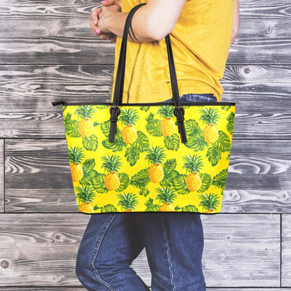 Yellow Tropical Pineapple Pattern Print Leather Tote Bag