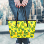 Yellow Tropical Pineapple Pattern Print Leather Tote Bag