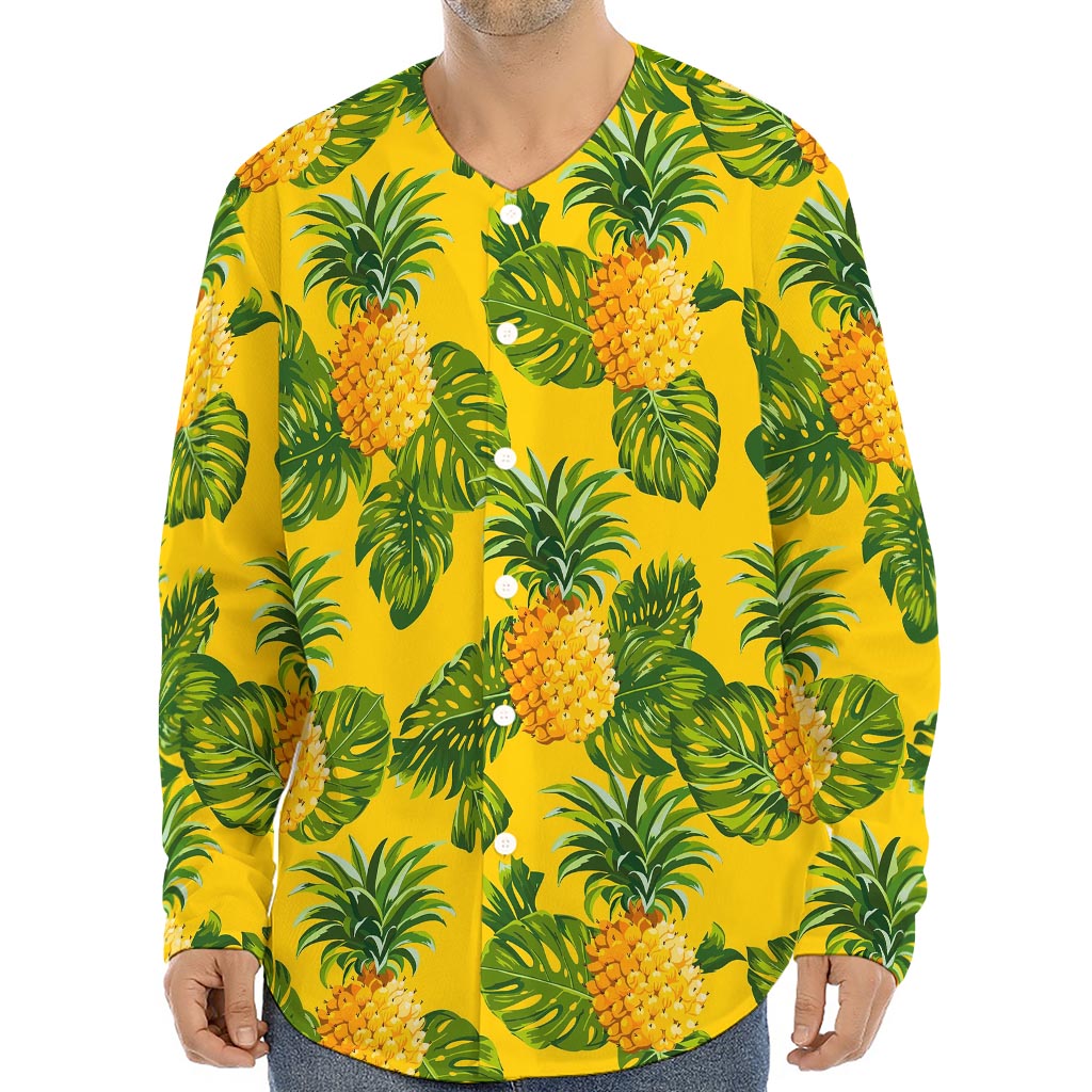 Yellow Tropical Pineapple Pattern Print Long Sleeve Baseball Jersey