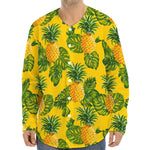 Yellow Tropical Pineapple Pattern Print Long Sleeve Baseball Jersey