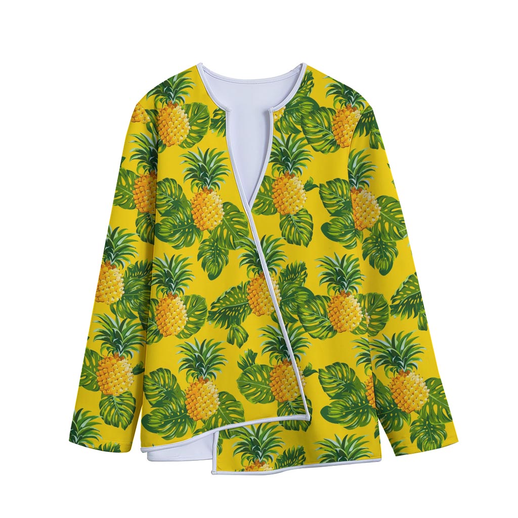 Yellow Tropical Pineapple Pattern Print Long Sleeve Short Coat