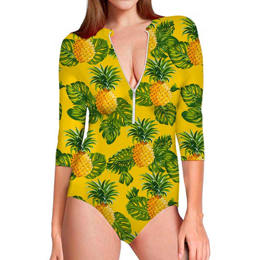 Yellow Tropical Pineapple Pattern Print Long Sleeve Swimsuit