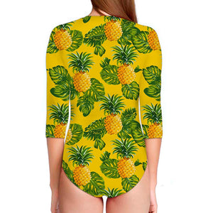 Yellow Tropical Pineapple Pattern Print Long Sleeve Swimsuit