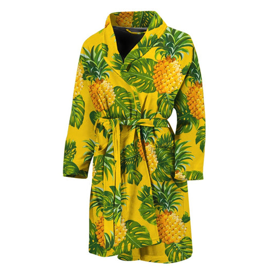 Yellow Tropical Pineapple Pattern Print Men's Bathrobe