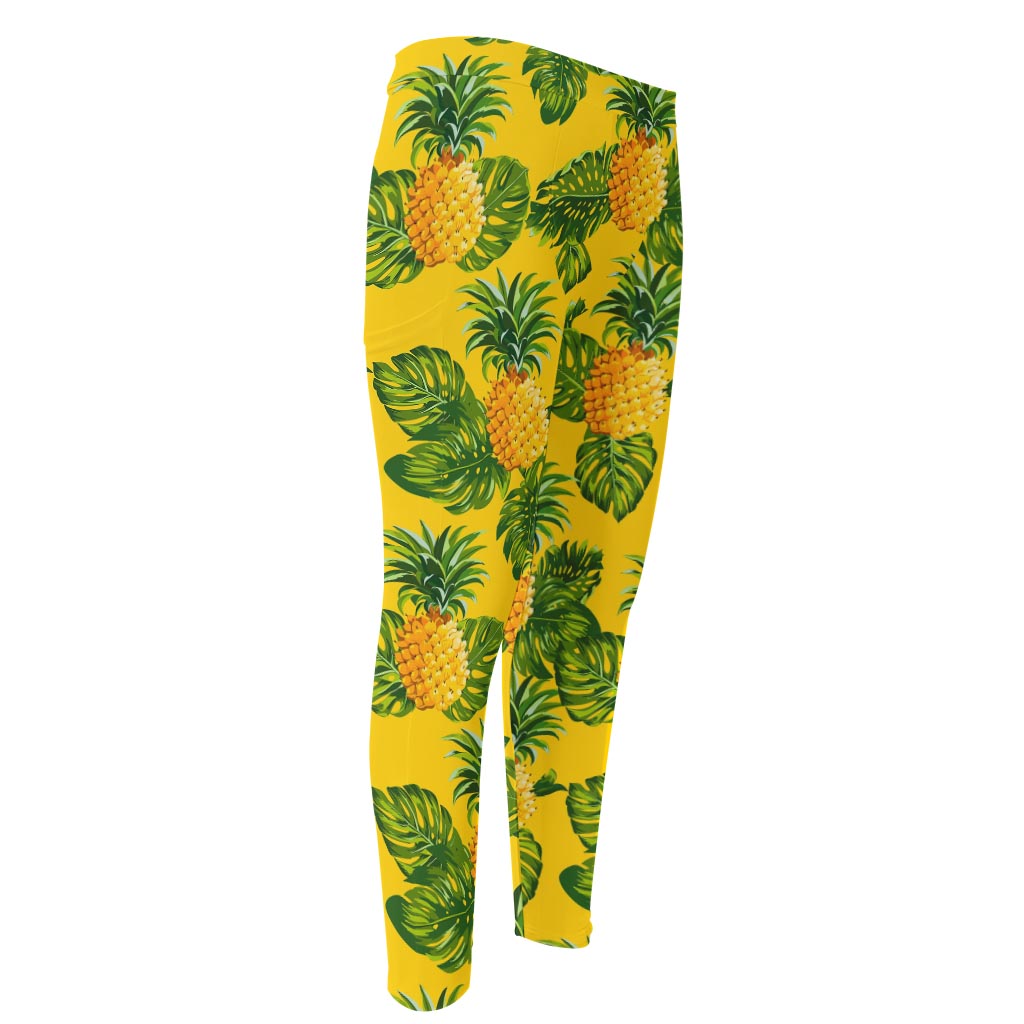 Yellow Tropical Pineapple Pattern Print Men's Compression Pants