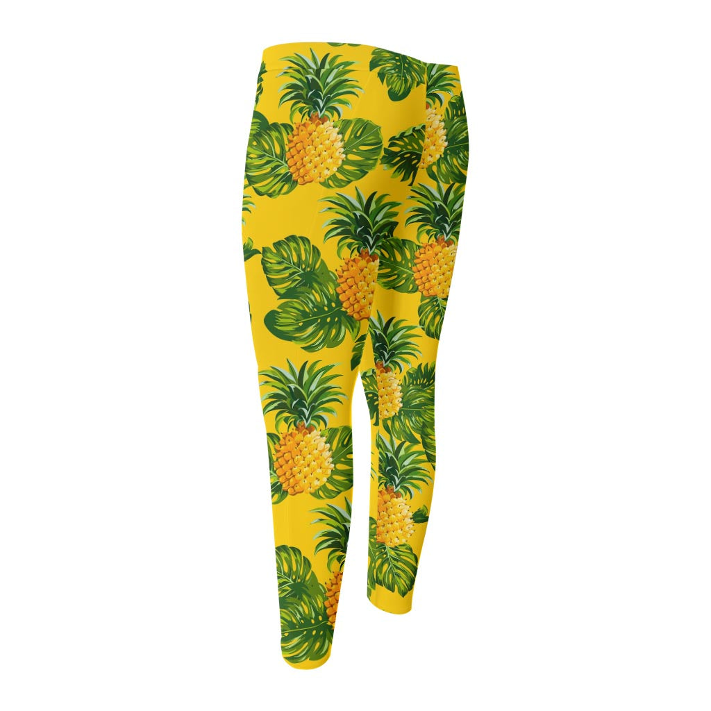 Yellow Tropical Pineapple Pattern Print Men's Compression Pants
