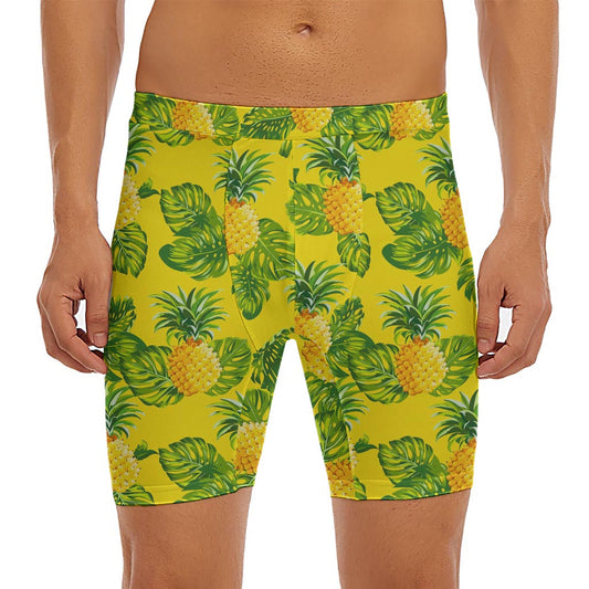 Yellow Tropical Pineapple Pattern Print Men's Long Boxer Briefs