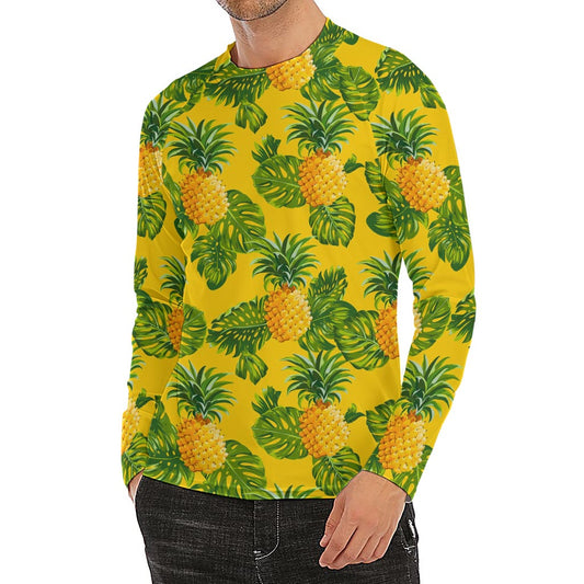 Yellow Tropical Pineapple Pattern Print Men's Long Sleeve Rash Guard