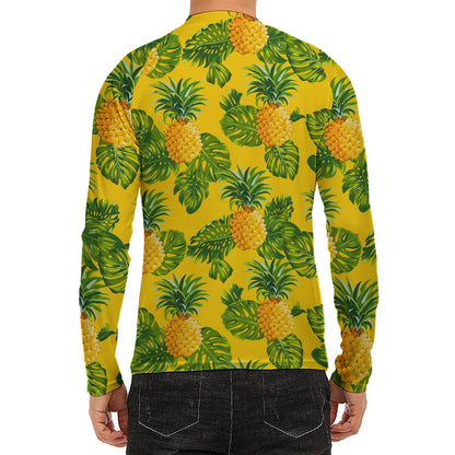 Yellow Tropical Pineapple Pattern Print Men's Long Sleeve Rash Guard