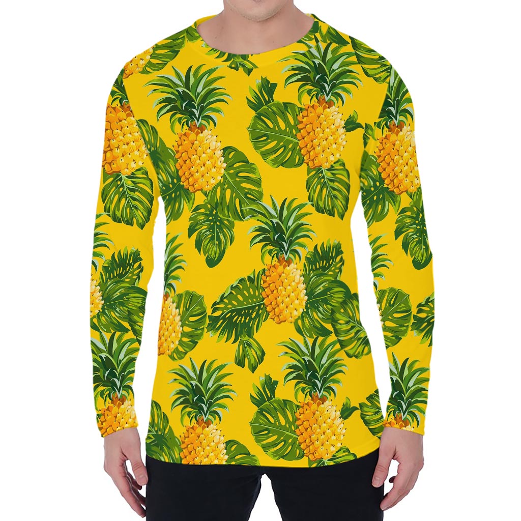 Yellow Tropical Pineapple Pattern Print Men's Long Sleeve T-Shirt