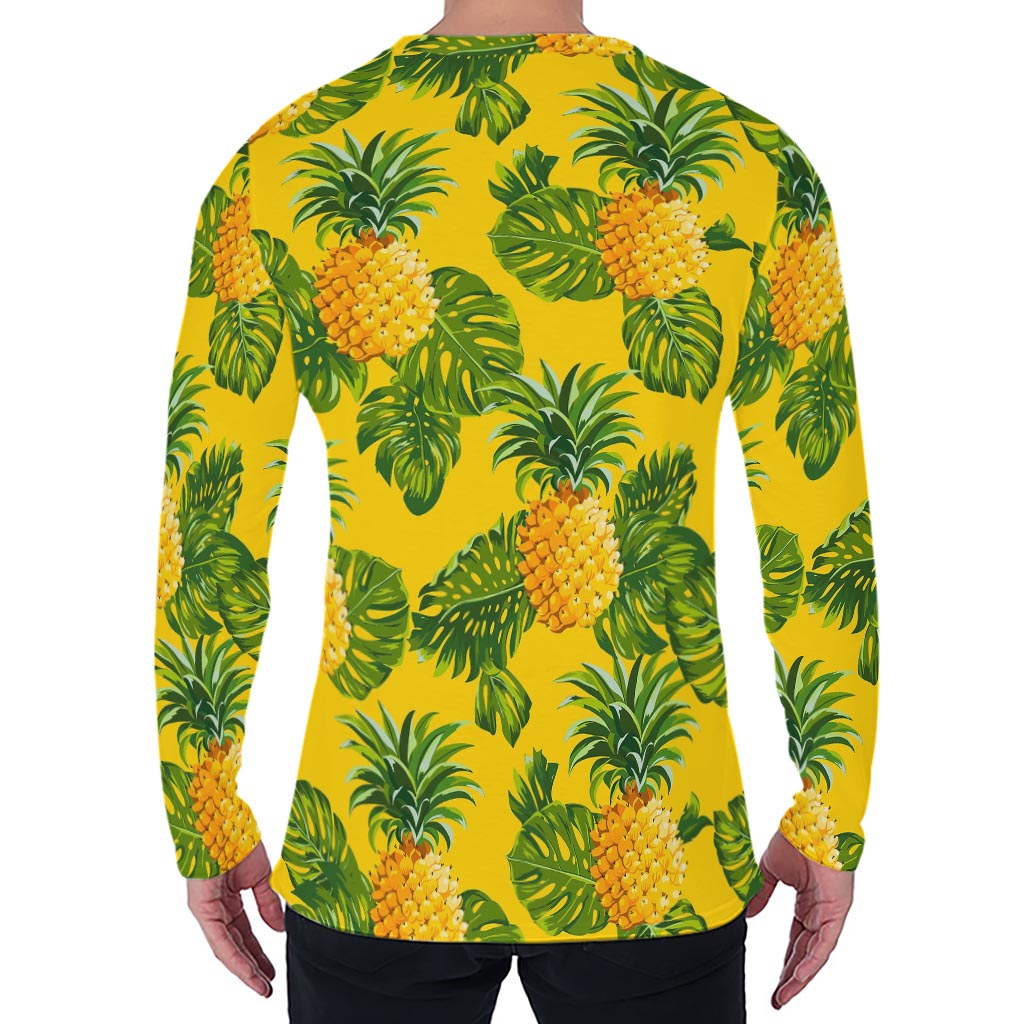 Yellow Tropical Pineapple Pattern Print Men's Long Sleeve T-Shirt