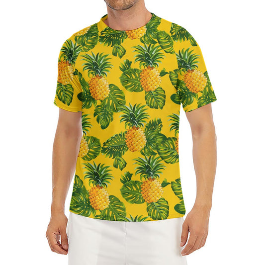 Yellow Tropical Pineapple Pattern Print Men's Short Sleeve Rash Guard