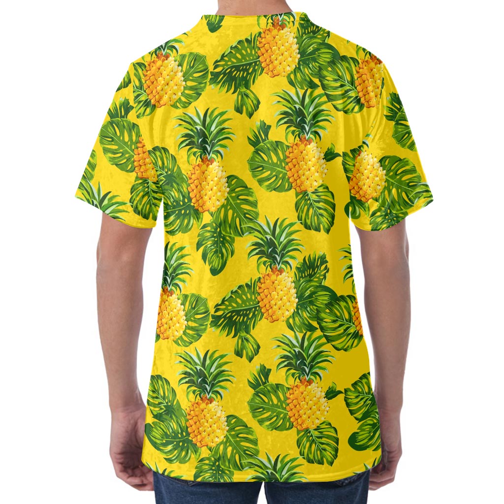 Yellow Tropical Pineapple Pattern Print Men's Velvet T-Shirt