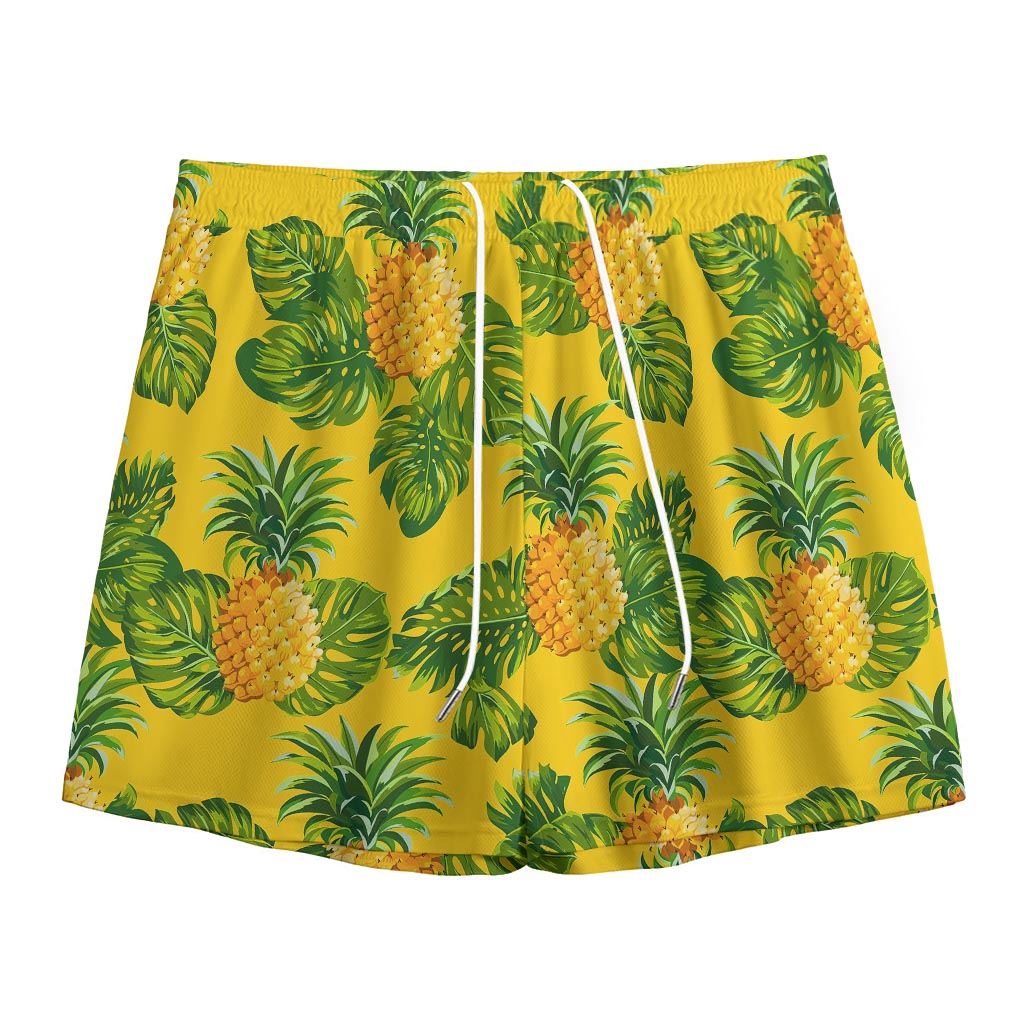 Yellow Tropical Pineapple Pattern Print Mesh Shorts