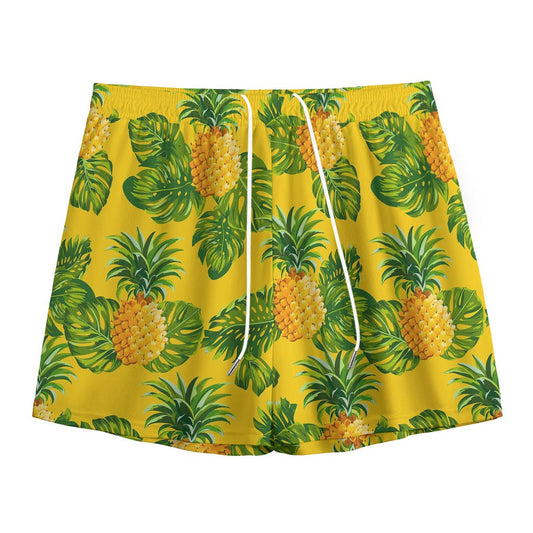 Yellow Tropical Pineapple Pattern Print Mesh Shorts
