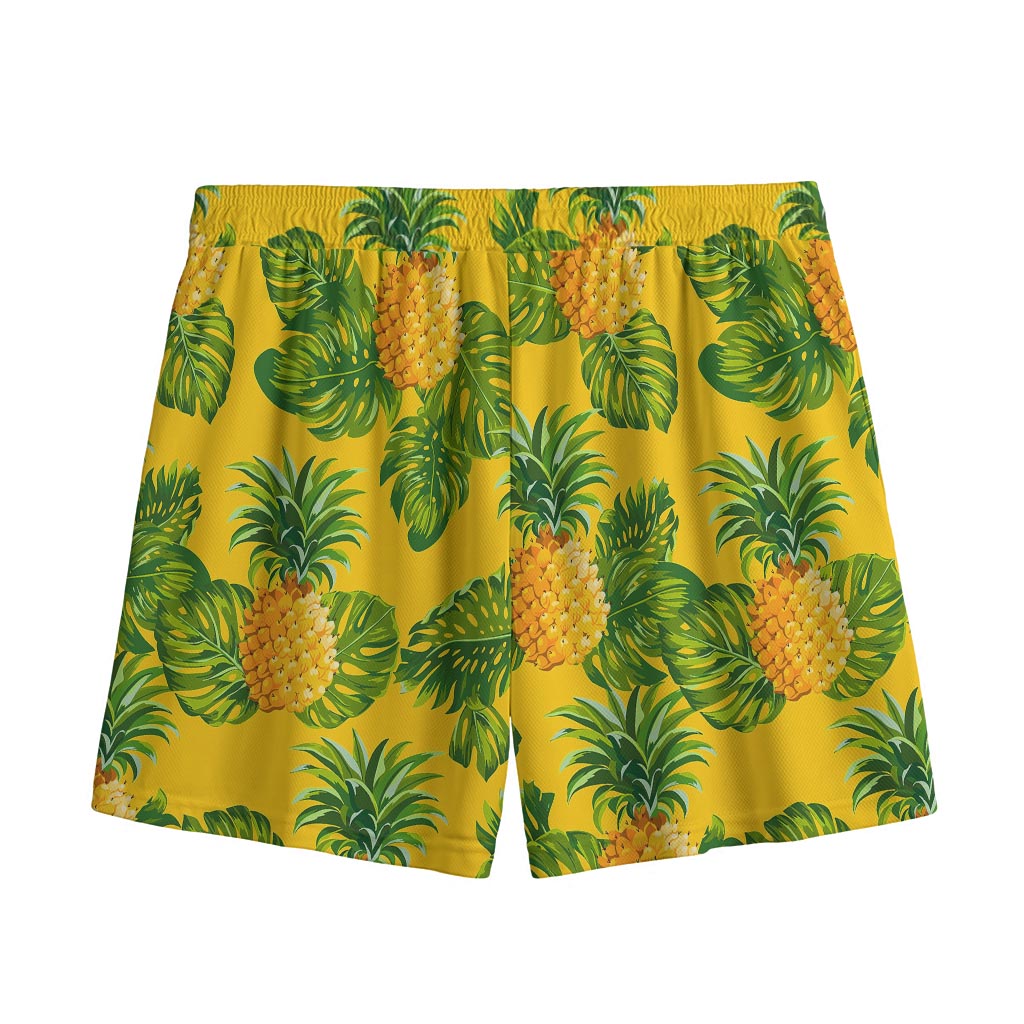 Yellow Tropical Pineapple Pattern Print Mesh Shorts