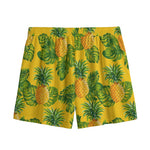 Yellow Tropical Pineapple Pattern Print Mesh Shorts