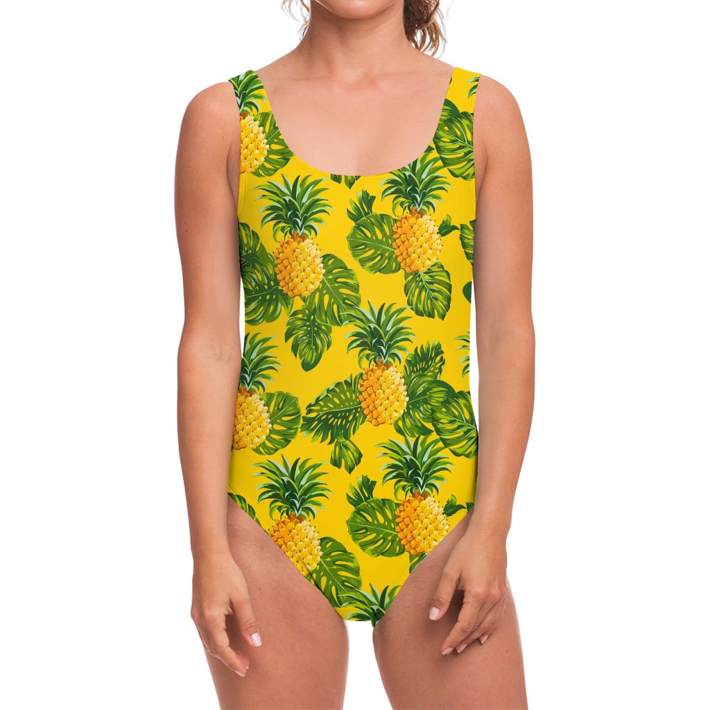 Yellow Tropical Pineapple Pattern Print One Piece Swimsuit