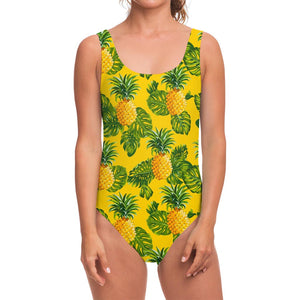 Yellow Tropical Pineapple Pattern Print One Piece Swimsuit