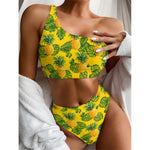 Yellow Tropical Pineapple Pattern Print One Shoulder Bikini Top