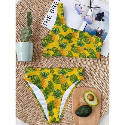 Yellow Tropical Pineapple Pattern Print One Shoulder Bikini Top