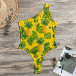 Yellow Tropical Pineapple Pattern Print One Shoulder Bodysuit