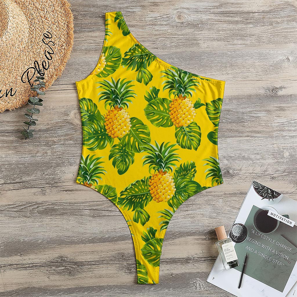 Yellow Tropical Pineapple Pattern Print One Shoulder Bodysuit