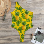 Yellow Tropical Pineapple Pattern Print One Shoulder Bodysuit