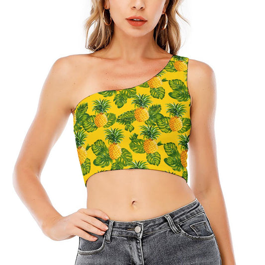Yellow Tropical Pineapple Pattern Print One Shoulder Crop Top