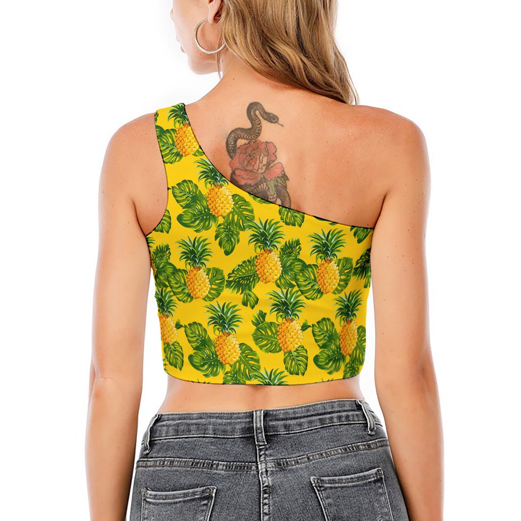Yellow Tropical Pineapple Pattern Print One Shoulder Crop Top
