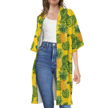 Yellow Tropical Pineapple Pattern Print Open Front Beach Cover Up
