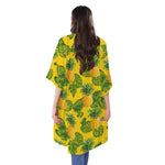 Yellow Tropical Pineapple Pattern Print Open Front Beach Cover Up