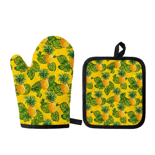 Yellow Tropical Pineapple Pattern Print Oven Mitt And Pot Holder Set