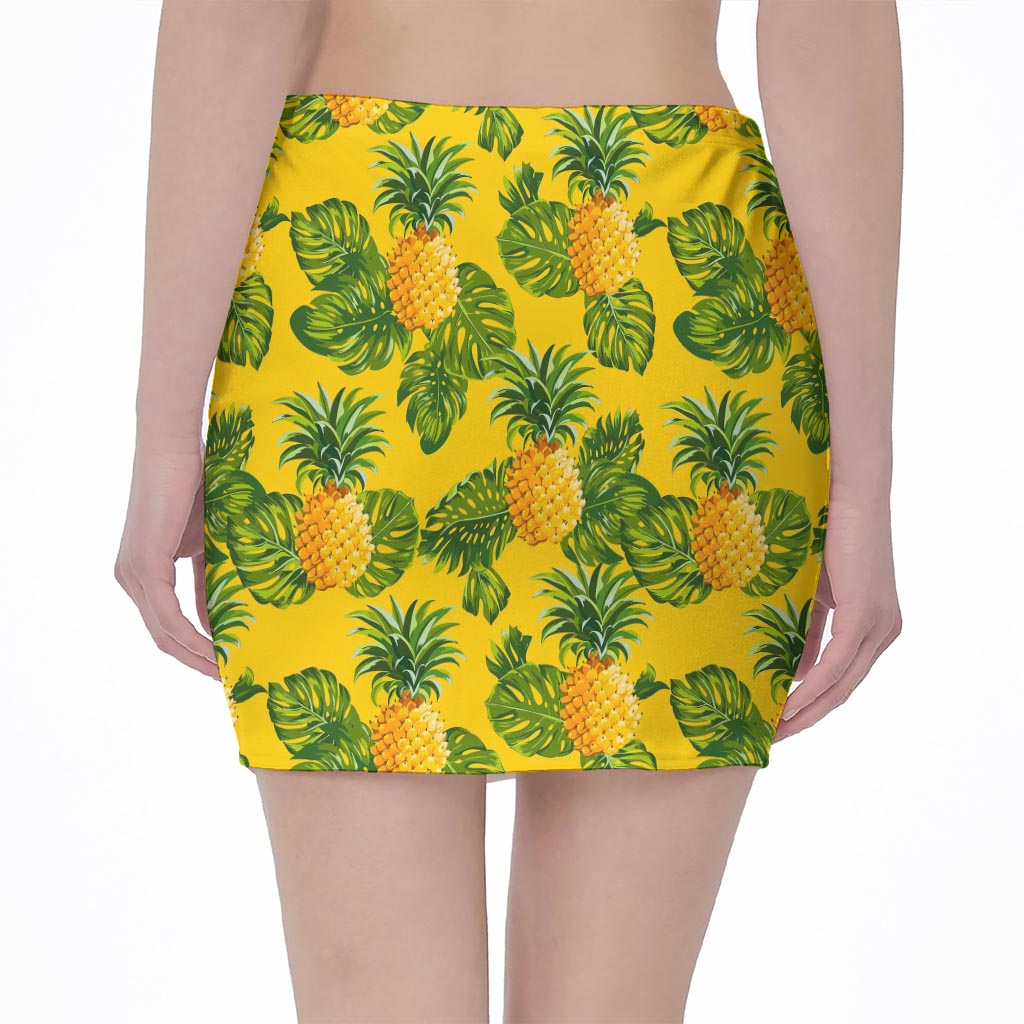 Yellow Tropical Pineapple Pattern Print Pencil Mini Skirt