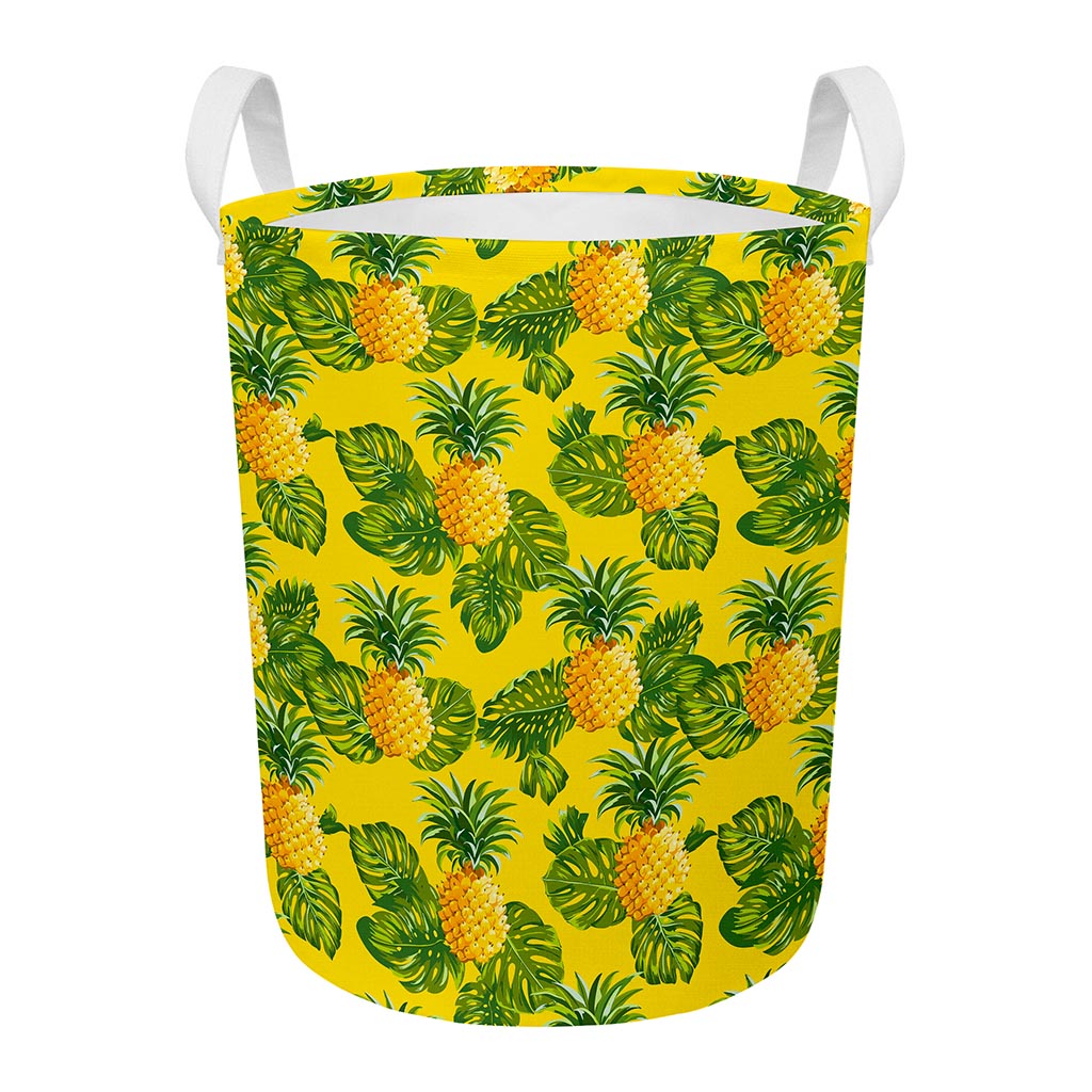 Yellow Tropical Pineapple Pattern Print Round Laundry Basket