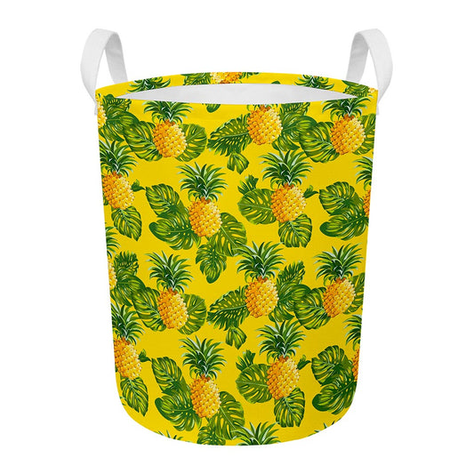 Yellow Tropical Pineapple Pattern Print Round Laundry Basket