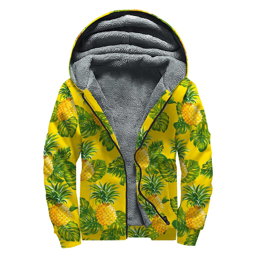 Yellow Tropical Pineapple Pattern Print Sherpa Lined Zip Up Hoodie
