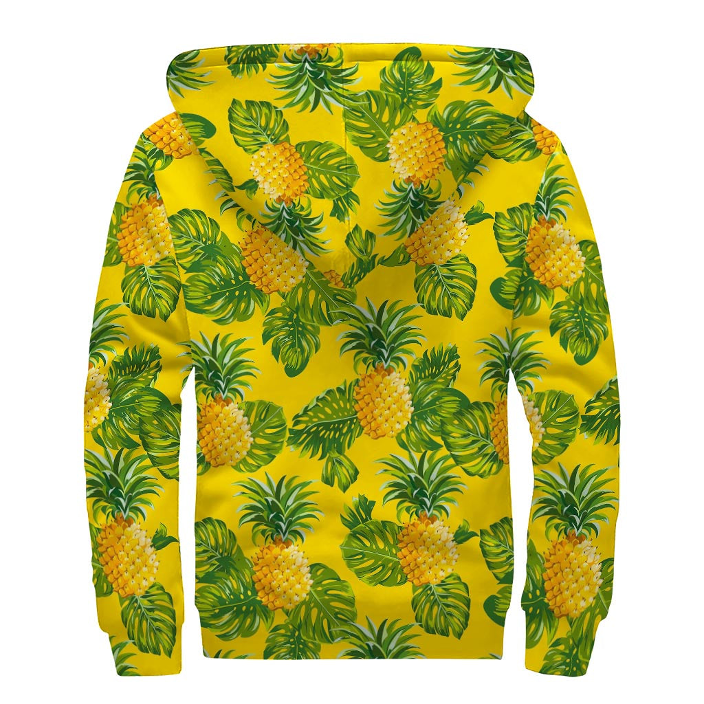 Yellow Tropical Pineapple Pattern Print Sherpa Lined Zip Up Hoodie