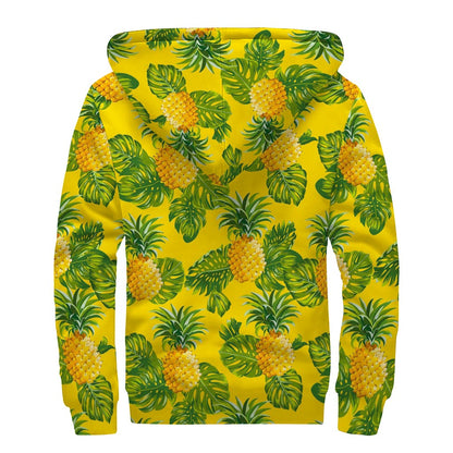 Yellow Tropical Pineapple Pattern Print Sherpa Lined Zip Up Hoodie